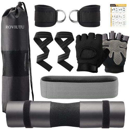 Barbell Pad Set,10 Pcs Barbell pads For Hip Thrust Squat & Lunges Support,With 2 Workout Ankle Straps, 2 Workout Gloves, 2 Gym Straps Weight Lifting, Resistance Bands,Olympic Bar Pad,Carry Bag (Black,Small-Gloves)