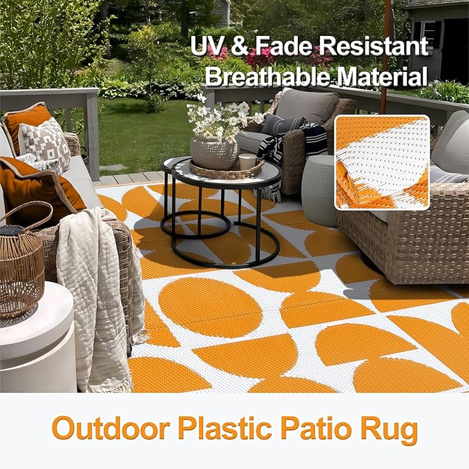 Wonnitar Outdoor Rugs 8x10 Waterproof Plastic Straw Rug, Large Outdoor Camping Rug for RV, Reversible Portable Outside Lightweight Area Rug for Backyard Balcony Beach Picnic (Orange,8'x10')