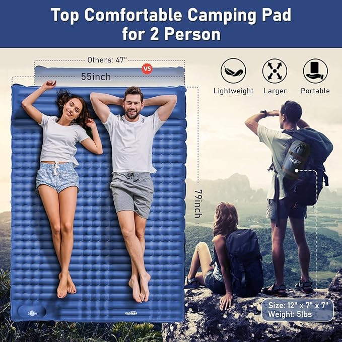 Elegear Double Sleeping Pad - 4" Ultra-Thick Self Inflating Camping Mat for 2 Persons with Built-in Pillow and Foot Pump