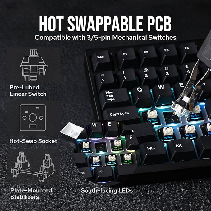 EPOMAKER P87 TKL Aluminum Wireless Gaming Keyboard, QMK/VIA Programmable, 87% Bluetooth/2.4Ghz/USB-C, with CNC Metal Knob and RGB Backlight (Black, Wisteria Linear Switch)