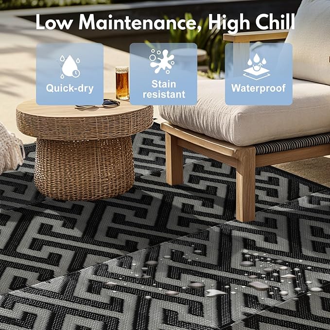 Waterproof Outdoor Rug 8x10 ft, Reversible Plastic Straw Rug, Easy to Clean Patio Rug, Portable Carpet for Patio, RV, Deck, Balcony, Backyard, Picnic, Beach, I-Shaped, Black