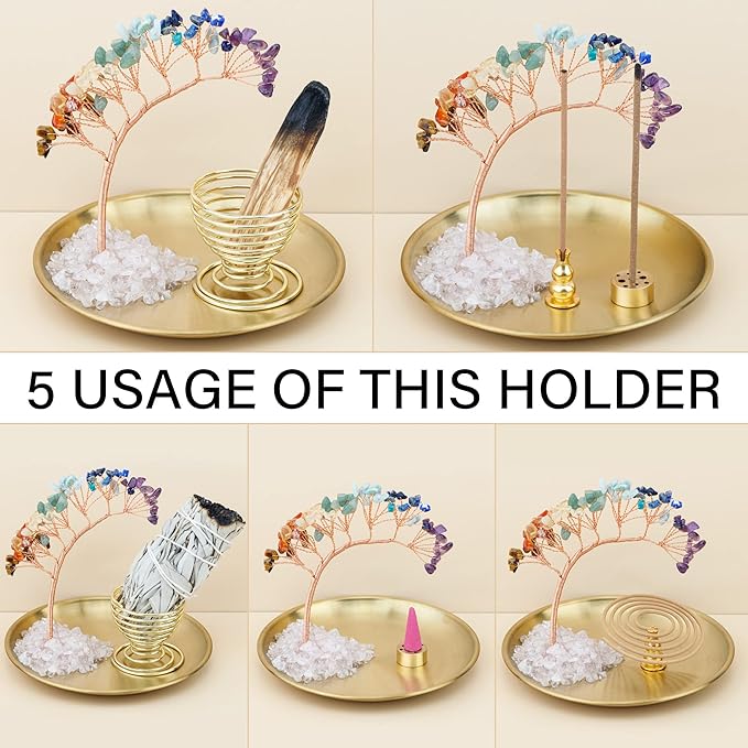 ZenBless 7 Chakra Crystal Tree Incense Holder Palo Santo Holder Sage Burner 5.5 inches Brass Ash Catcher for Incense Sticks/Coil Incense/Incense Cones Yoga Meditation Zen Spiritual Room Home Decor