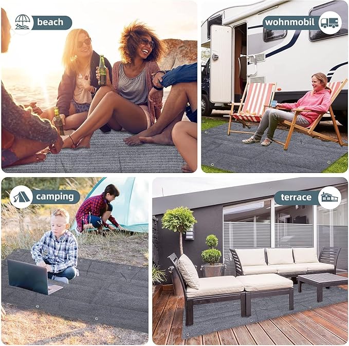 FoundGo Awning Carpet HDPE Camping Outdoor Rug with Eyelets,Nails,Broom,for RV,Patio,Backyard,Picnic,Beach,Trailer 9'*12' (2.74 * 3.66m) -Black