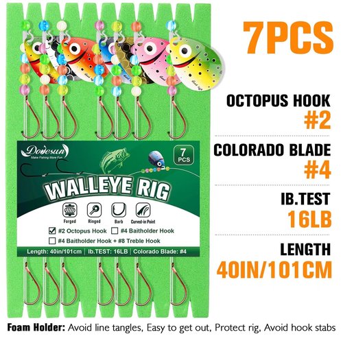 Dovesun Walleye Rigs 16lb Walleye Spinner Rig Crawler Harness with Unique Smile Blades Worm Harnesses for Walleye Fishing #2 Octopus Hooks 7PCS