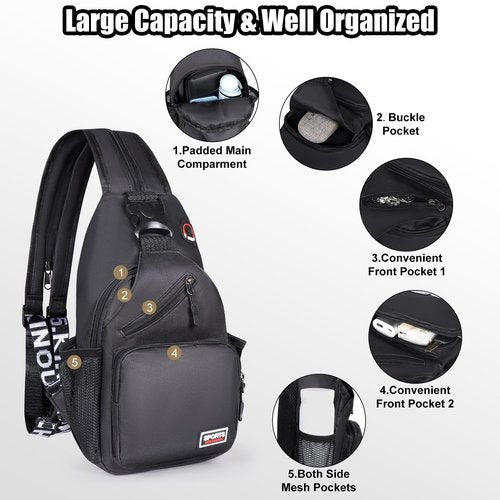 VALUEQLO Convertible Sling Bag Crossbody Backpack with Headphone Jack, Small Shoulder Chest Bag Casual Daypack for Women Men Hiking Travel Cycling, Black