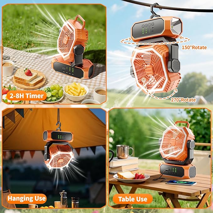 VVU&CCO Portable Fan for Camping with LED Lantern,10000mAh Rechargeable Battery,30H Runtime,USB-C Fast Charging, 3 Speeds - Cordless Desk Fan for Travel Hiking Beach Home Office Tent Desk