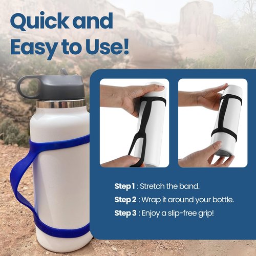 BottleBand One Size Fit All Water Bottle Grip - Durable Silicone Band Grip Strap, Comfortable Drop Protection. Anti Slip for Running, Hiking, or Walking (Blank, Blue)