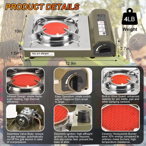 MOZODAWN Dual Fuel Camp Stove, 8000 BTU Infrared Butane & Propane Portable Gas Stove, Windproof Single Burner with Carrying Case | Storage Bag | Hose Adapter, Outdoor Camping Essentials