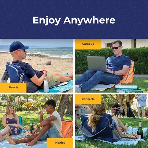 PLAYAMIGO Portable Ground Chair Backpack Tote Bag - For Beach Picnic Camping Outdoor Concerts Traveling - Large Capacity Comfortable Straps Several Pockets