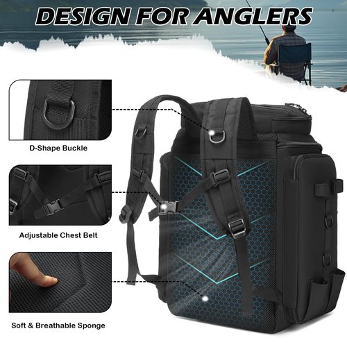 SLINRKE Fishing Backpack with Rod Holders - 45L Large Water-resistant Fishing Tackle Bag for Outdoor Camping Hiking Gear and Equipment, Bag Only (Black)