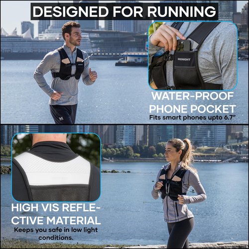 MIDNIGHT Water Resistant Running Vest - Reflective Vest for Running, 7 Pockets for Extra Storage, Lightweight Phone Holder for Men & Women