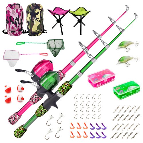 Lanaak 2 Pack Kids Telescopic Fishing Pole, Kids Portable Fishing Rod Set, Tackle Box and Fishing Net Combo Kit, Kids Fishing Gear for Boys and Girls Age 5-10 and Youth – Green and Pink