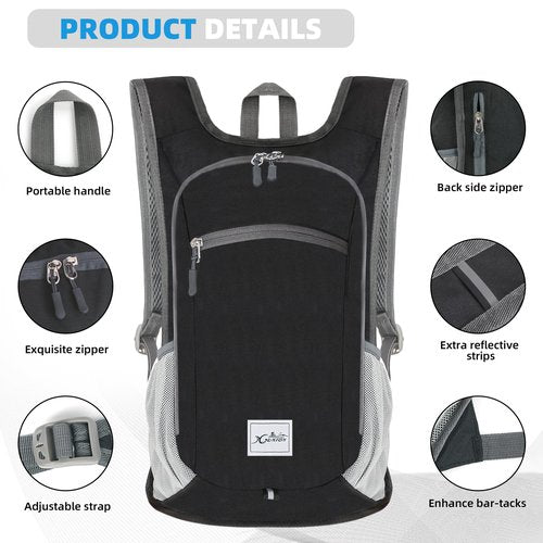 Xgunion Small Travel Backpack - Lightweight & Foldable, 10L Capacity, Packable & Camping Hiking Daypack for Women & Men (Black)