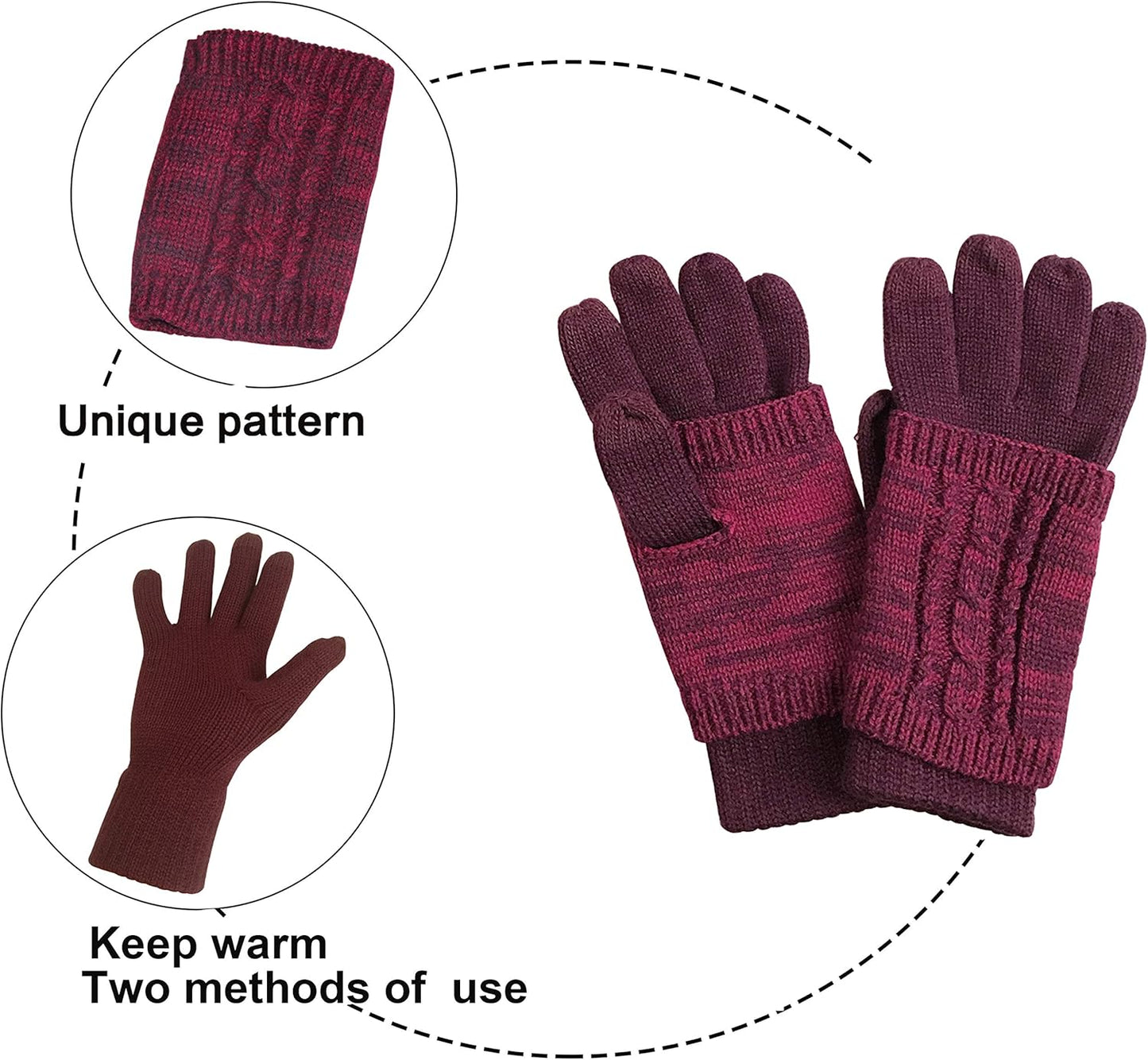 Winter Hat Gloves Scarf Set for Women, Cable Knit Beanie Pom Cap Touch Screen Glove Long Scarf 3PCS Winter Gift for Women Men