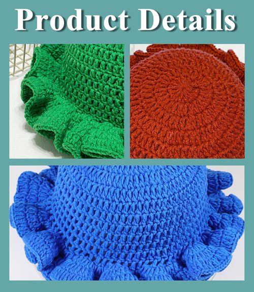 Crochet Bucket Hat Women Trendy Knit Floppy Ruffled Cap Cute Boho Handmade Beanies Outdoor Boho Travel Fishing Hat White