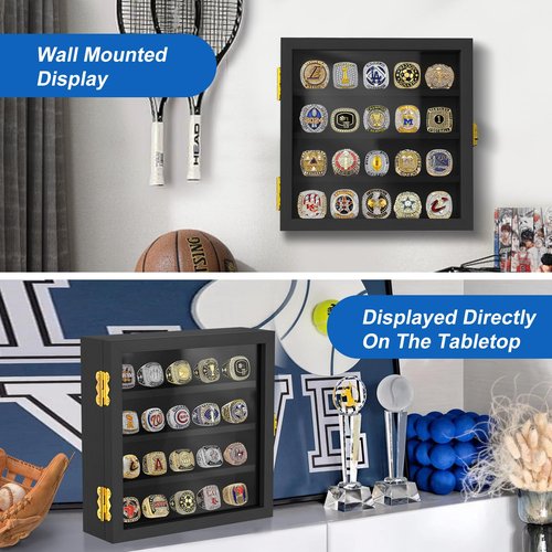 Championship Ring Display Case: Wooden Shadow Box with 20 Ring Posts Sports Award Rings - Baseball, Basketball, Football, Soccer