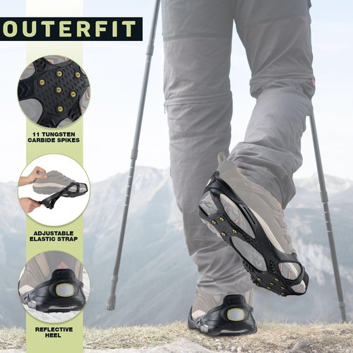 Outerfit Ice Cleats for Shoes and Boots, Non-Slip Crampons with Tungsten Steel Spikes, Snow and Ice Cleats for Hiking, Fishing, Walking