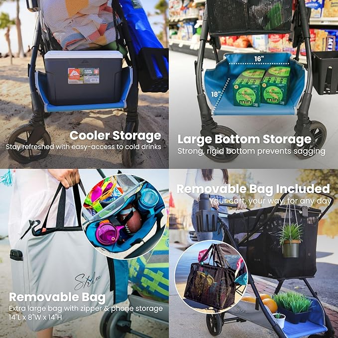 Large Wheeled Collapsible Beach Cart for Soft Sand, Shopping, Camping & Garden- Lightweight Aluminum Frame- Removable Storage Bag with Carrying Straps, X-L Capacity & Cooler Rack (Blue)