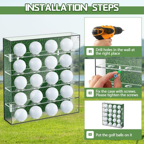 Memorywuu Golf Balls Display Case Wall Mount for 20 Balls Acrylic Golf Ball Holder with Door Artificial Turf Golf Ball Display Rack Cabinet for Collector Memorabilia Golf Enthusiasts