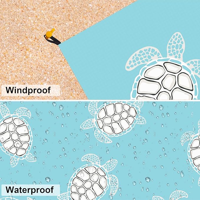 Beach Blanket Waterproof Sandproof Oversized, 10'X 9' Extra Large Beach Mat Fits Up to 10 People, Lightweight & Compact Polyester Picnic Blankets for Outdoor, Travel, Camping, Hiking-Baby Sea Turtle