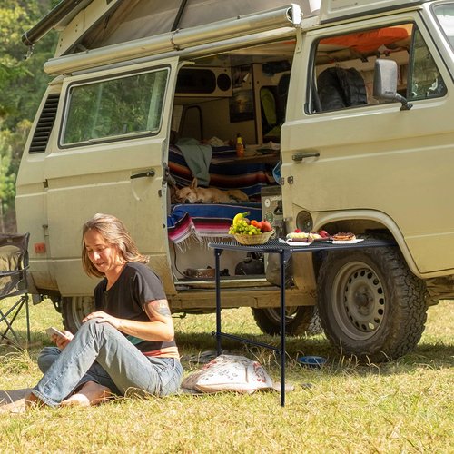 Pasimy Vehicle Tire Mounted Steel Camping Table Adjustable Travel Camping Table 40'' x 20'' x 33'' for Car Camping Picnic Camp Outdoor Cooking BBQ and Party Favor