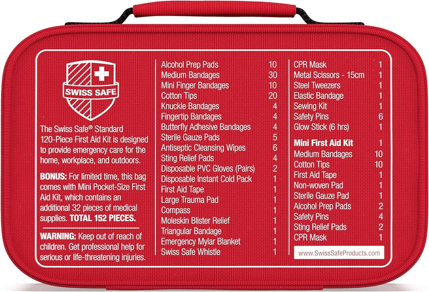Swiss Safe 2-in-1 First Aid Kit for Car, Travel & Home, Businesses - Bonus Mini Kit for Medical Emergency Aid, Survival, Camping - 64 Piece, Travel FAK