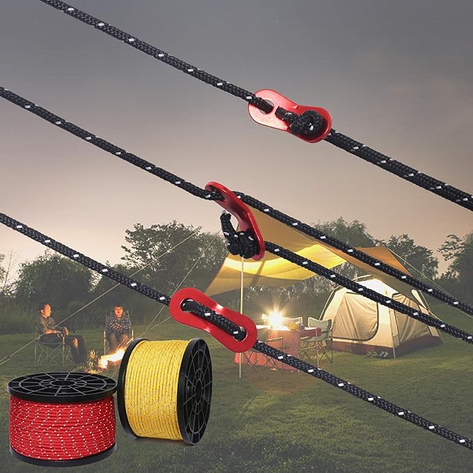 HIKEMAN 50m Reflective Guyline Solid Braid Nylon Camping Rope with Aluminum Adjuster Cord Tensioner Tent Accessory for Outdoor Travel,Hiking,Backpacking and Water Activities (Black, 4mm)