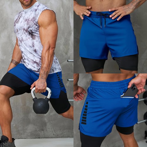 Smatstyle Men's 2 in 1 18" Running Shorts Quick Dry Gym Athletic Workout Shorts with Zipper Pockets Blue