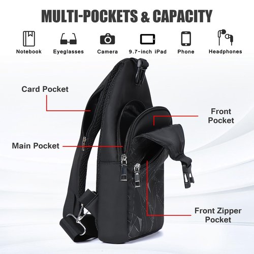 VALUEQLO Waterproof Sling Bag for Men and Women, Anti-Theft Crossbody Backpack, Quick-Access Card Pocket, Lightweight Oxford Chest Bag for Travel, Hiking, Running, Daily Commute, Black