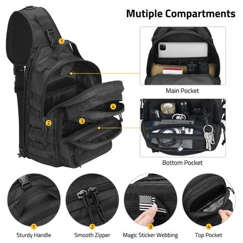 CVLIFE Tactical Sling Bag Backpack for Men Military Shoulder Sling Bag Molle Army Assault Detachable Tactical Bag with Bottle Holder Concealed Carry Daily Day Pack Work Bag for EDC Hiking, Black