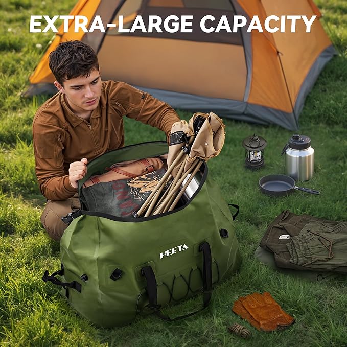 HEETA Waterproof Duffel Bag Motorcycle Dry Bag Backpack, Extra Large Rolltop Travel Duffle Bags with Straps & Handles for Kayaking Rafting Boating Canoeing Camping Gym Beach (Green, 80L)
