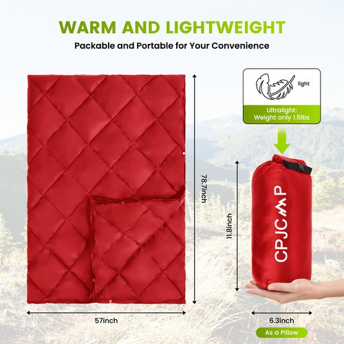 CPJCMP Camping Blanket,Lightweight Puffy Blanket Packable Down Alternative Throw Blanket Waterproof Windproof for Camping, Hiking, Backpacking,Airplane,Outdoors, Travel, Beach, Red, 57” x 78.7”