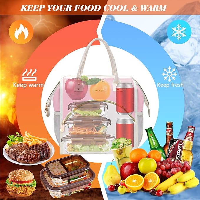 LOKASS Lunch Bag Women Insulated Lunch Box, Wide-Open Lunch Tote Bag Leak-proof Cooler Bag for Work Picnic-（Light Pink）