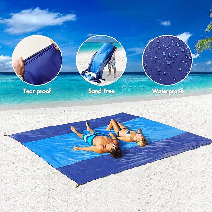 MIULEE Beach Blanket Waterproof Sandproof, Extra Large 78" x 82" Beach Mat Oversized for 4-7 Adults, Portable Beach Accessories Lightweight Outdoor Blanket for Picnic, Travel, Camping, Hiking(Blue)