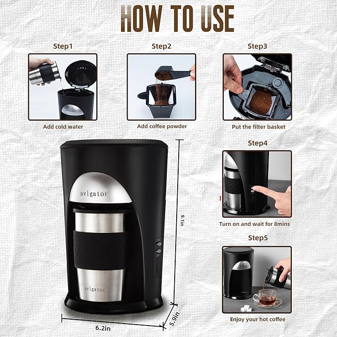 Portable Coffee Maker for Travel Camping Car, Ground Coffee Machine Single Serve with 10 oz Travel Mug for Traveling, RV, Office, Home and Dorm, 24V, Black