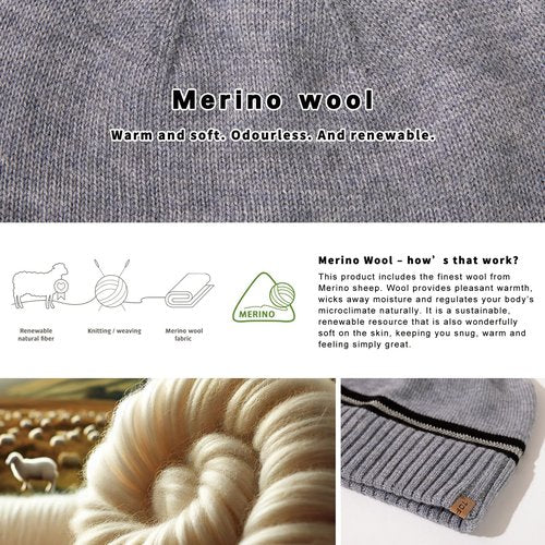 TOP-EX M/L/XL 50% Merino Wool Skull Cap for Men Women Warm Winter Beanie Hats Double Layer Knit Hat with Reflective Strips Soft Cold Weather Hat Large Head Grey
