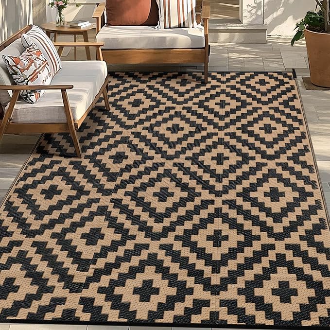 Outdoor Patio Plastic Straw Rug - 5'x8' Outdoor Camping Rug Waterproof Reversible, Area Carpet Patios Clearance RV, Outside Porch Balcony Deck for Camper, Black & Brown