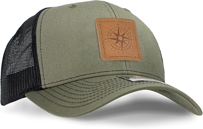 Leather Patch Hat for Men - Richardson 112 Trucker Hat w/Full-Grain Leather Patch, Laser-Engraved, Machine-Stitched