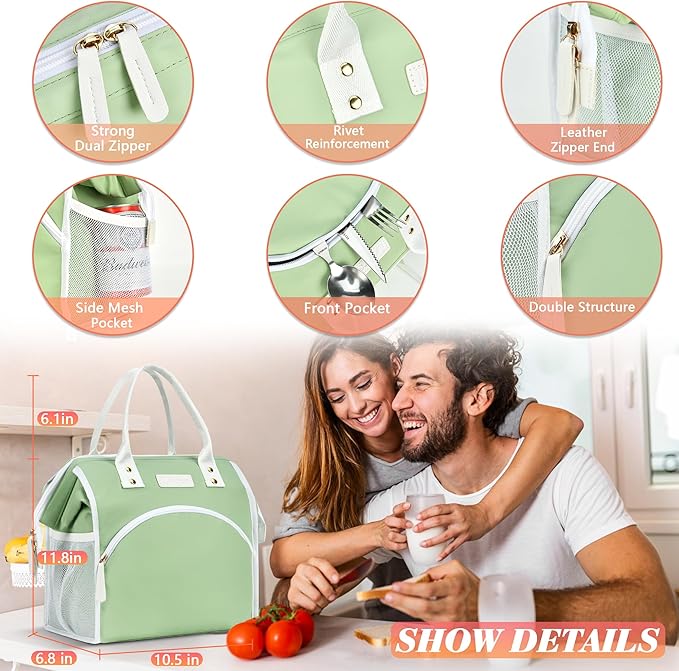 LOKASS Lunch Bag Women Insulated Lunch Box Wide-Open Lunch Tote Bag Large Waterproof Cooler Bag for Work Picnic Hiking Beach（Gray）