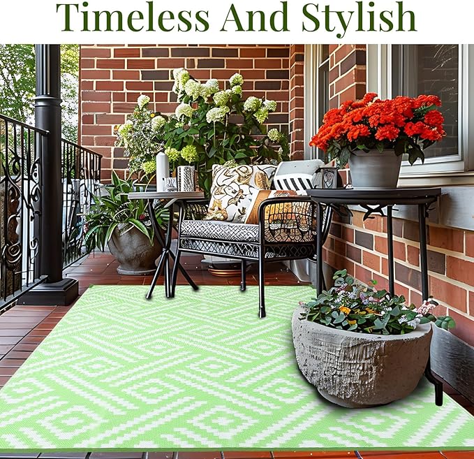 OPPODREAM Outdoor Rug 9x12 Patio Waterproof, Large Outdoor Plastic Straw Rug, Reversible Out Door Carpet for Camping, Deck, Rv, 9 x 12 Area Carpet for Balcony, Porch, Backyard, White and Green