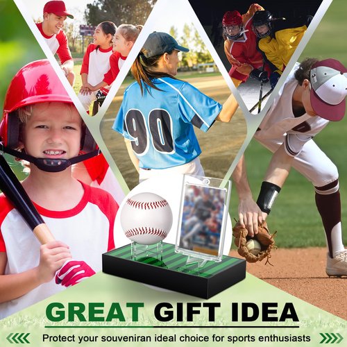 Reallnaive Acrylic Baseball and Card Display Case, Base Ball Holder, Green Lawn Base and Transparent Viewing Display Case Ball Protector for Memorabilia Showcase Autograph Gift