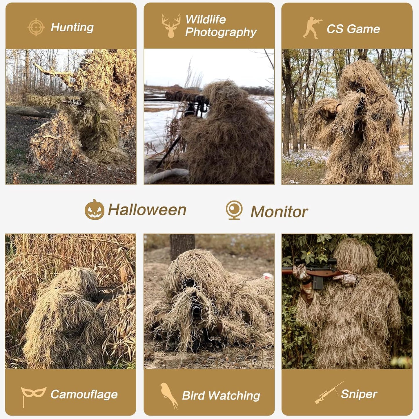 MOPHOTO 5 in 1 Ghillie Suit 3D Camouflage Hunting Suits - Jacket, Pants, Hood, Carry Bag for Adults & Youth, M/L/XL/XXL