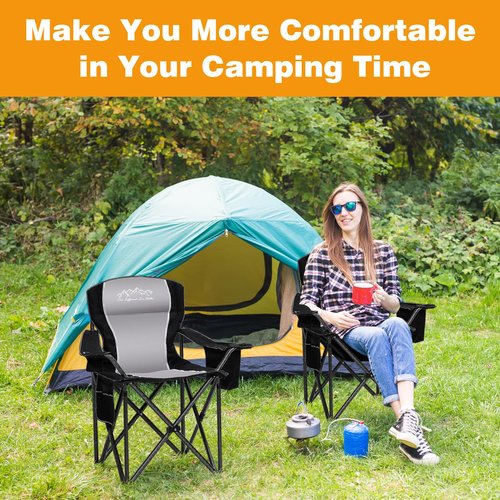 SAILARY 2PCS Folding Camping Chair Portable Outdoor Heavy Duty Padded Chairs Lawn Chair with Cup Holder, Storage Pocket and Cooler Bag, Supports 450LBS Black
