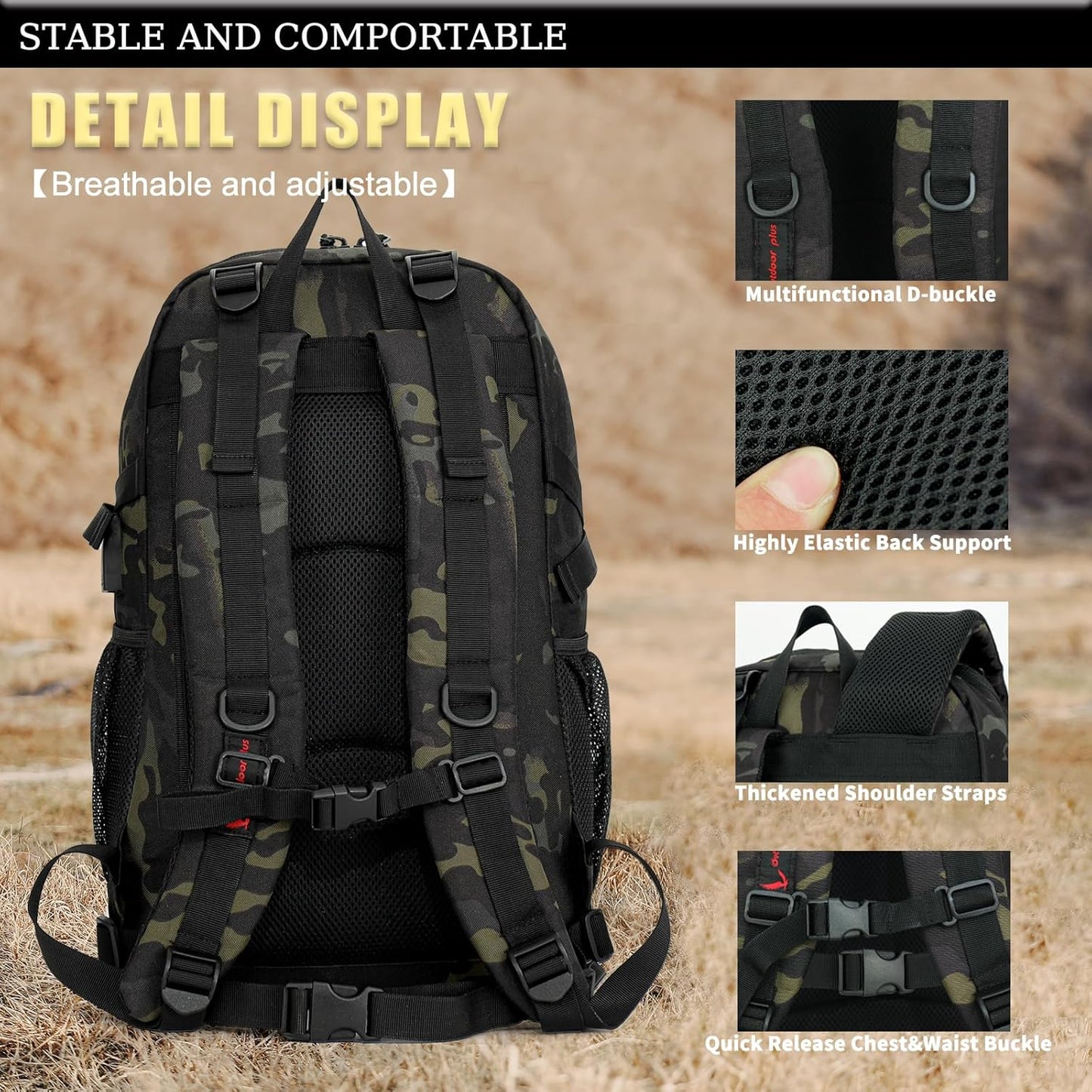 outdoor plus Camo Backpack,Military Boys Backpacks for School,40L Army Bookbag with USB Charging Port Waterproof