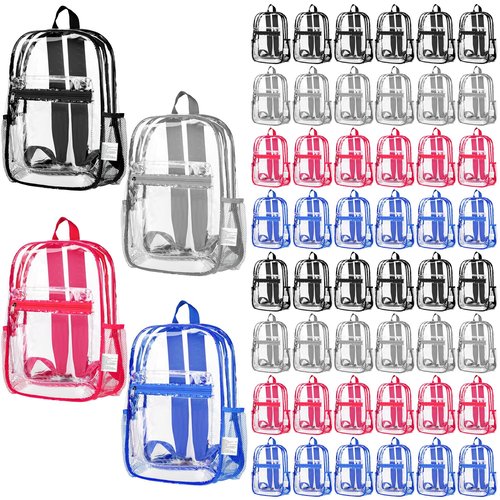 Silkfly 48 Pack Clear Backpacks Bulk PVC Transparent Bookbags Heavy Duty See Through Bags with Pockets for Stadium Work Travel(15 x 11 x 5.2 Inches)