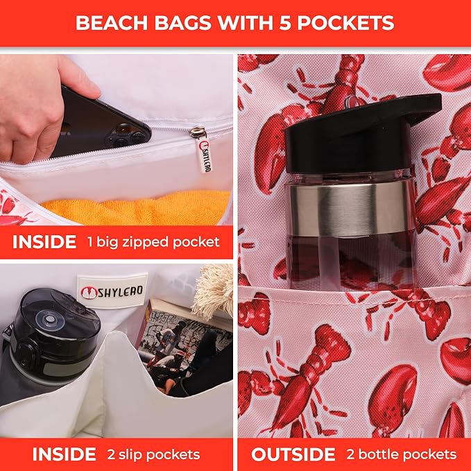 SHYLERO Beach Bag and Pool Bag. Has Airtight Pouch, Ton of Pockets. Beach Tote is Zippered, Water Resistant. Family Size