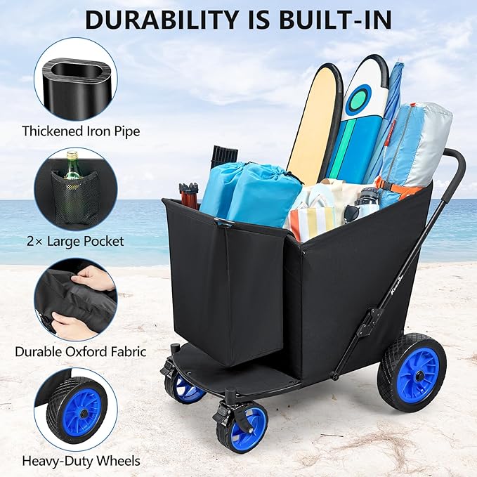 KEDSUM Beach Wagon with Big Wheels for Sand, 320L Oversized Wagons Carts, 12" Big All Terrain Rubber Wheels, 400LBS Heavy Duty Collapsible Wagon for Beach, Camping, Fishing. Black