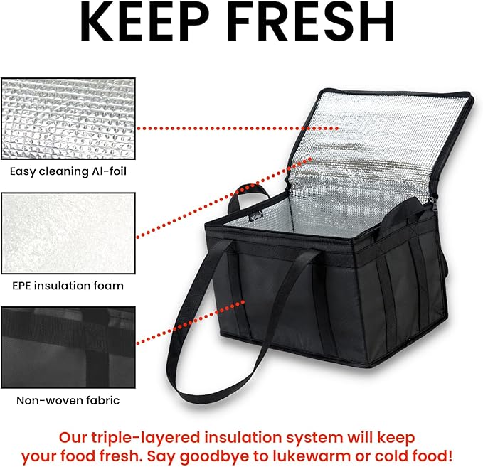 NZ home XL Plus Insulated Cooler Bag and Food Warmer for Delivery & Grocery Shopping with Zippered Top, Black (1 Pack)