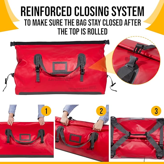 LEGEND Waterproof Duffel Bag - Heavy Duty Duffle Bag for Outdoor, Camping, Boating & Travel, Premium PVC Dry Duffel Bag, Motorcycle Dry Bag with Durable Strap & Handles with Large Storage - 60L Red