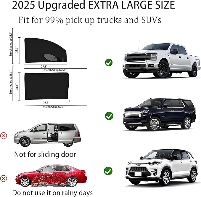 [2015] Truck Window Screens for GMC Sierra1500 2019-2025 for Camping SUV 4 Pcs Car Mosquito Net Shades for Pickup Side Window Protection from UV, Bugs Breathable Adjustable Mesh Shade for Baby,Kids